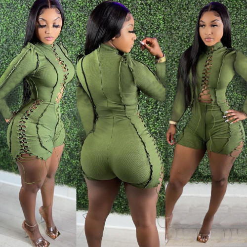 Green Long Sleeve Lace Up Hollow Out Sexy Bodycon Rompers