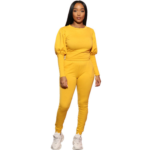 Yellow Puff Sleeve Top and Pants Casual Two Piece Set
