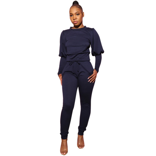 Navy Puff Sleeve Top and Pants Casual Two Piece Set