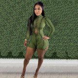 Green Long Sleeve Lace Up Hollow Out Sexy Bodycon Rompers