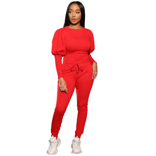 Red Puff Sleeve Top and Pants Casual Two Piece Set