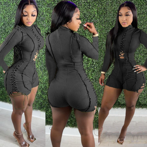 Black Long Sleeve Lace Up Hollow Out Sexy Bodycon Rompers