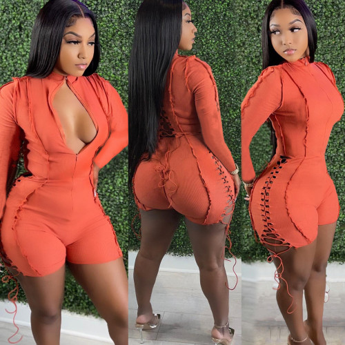 Orange Long Sleeve Lace Up Hollow Out Sexy Bodycon Rompers