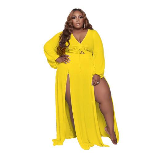 Plus Size Yellow High Slit V-Neck Long Sleeve Maxi Dress