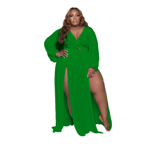 Plus Size Green High Slit V-Neck Long Sleeve Maxi Dress