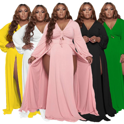 Plus Size Green High Slit V-Neck Long Sleeve Maxi Dress