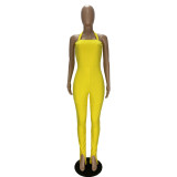 Yellow Slit Bottom Halter Sexy Tight Jumpsuit