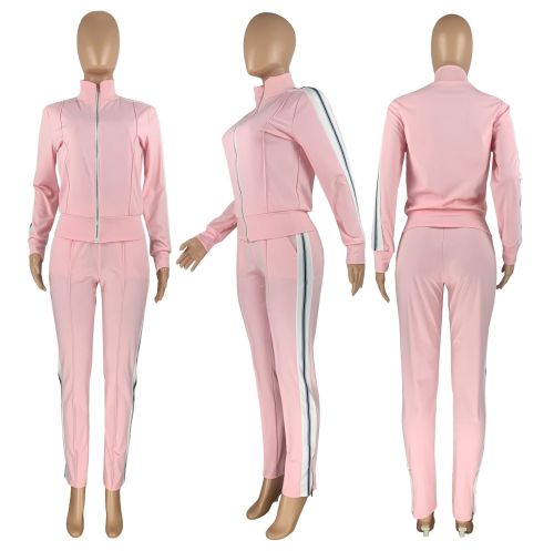 Side Striped Pink Zipper Casual Tracksuit