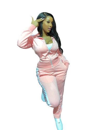 Side Striped Pink Zipper Casual Tracksuit