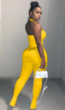 Yellow Slit Bottom Halter Sexy Tight Jumpsuit