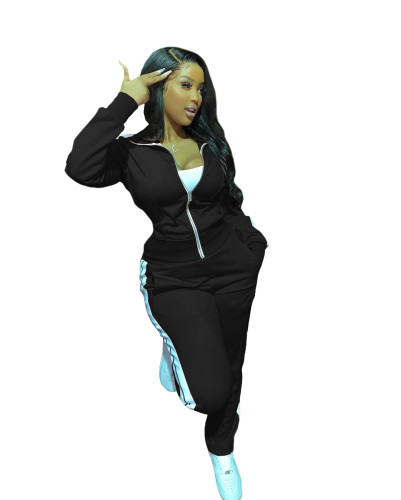 Side Striped Black Zipper Casual Tracksuit