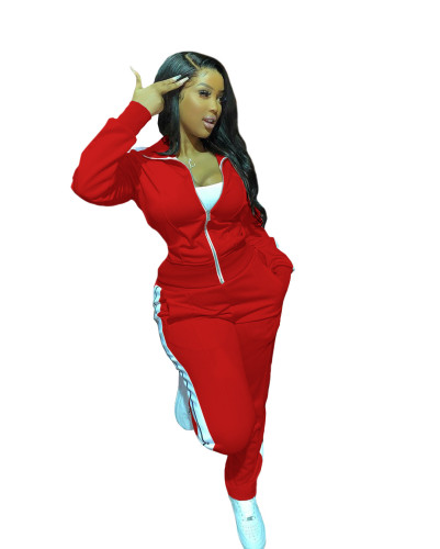 Side Striped Red Zipper Casual Tracksuit