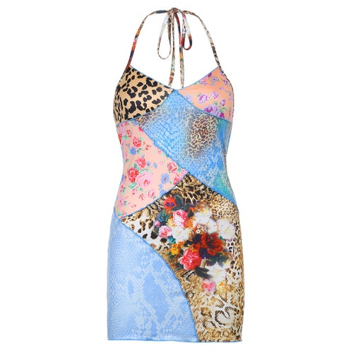 Sexy Floral Wild Print Patchwork Cami Mini Dress
