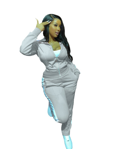 Side Striped Light Gray Zipper Casual Tracksuit