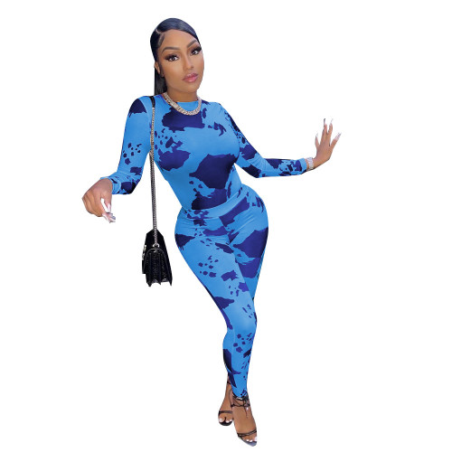 Autumn Print Blue Fitted Long Sleeve Top and Pants Set