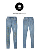 Light Blue Distressed Big Holes Chains Stylish Jeans