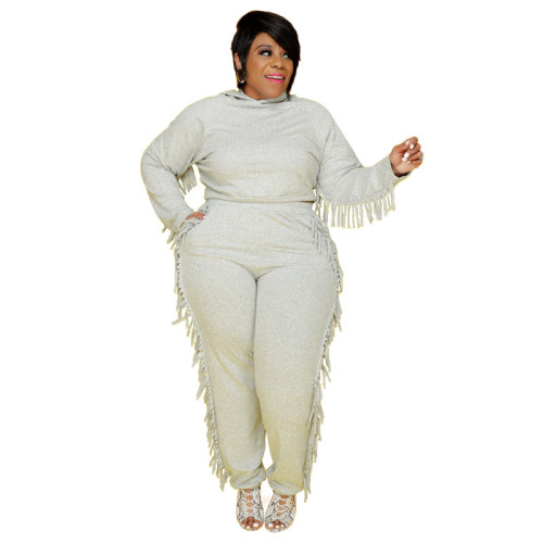 Plus Size Gray Fringe Trim Casual Hooded Sweatsuits