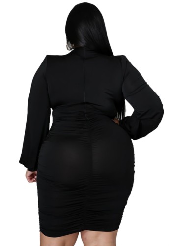Plus Size Black Long Sleeve Deep-V Ruched Fitted Dress