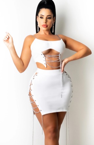 White Chains Sexy Strap Crop Top and Zipper Skirt Two Piece Set