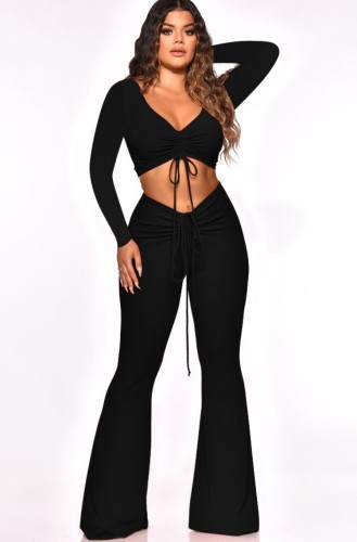 Sexy Plain Color Scrunch Crop Top and Pants Two Pieces