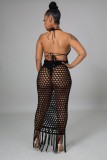 Black Fishnet Fringe Backless Crop Top and Long Skirt Two Piece Set