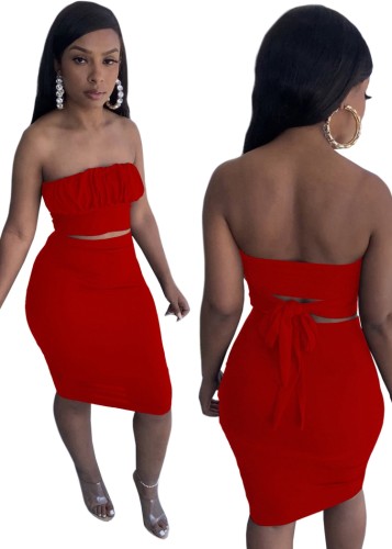 Red Sexy Strapless Knotted Crop Top and Midi Skirt Two Piece Set