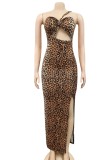 Sexy Leopard Print One Shoulder Cut Out Slit Halter Maxi Dress
