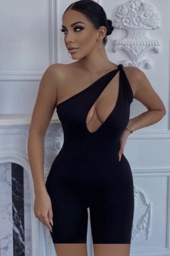 Black Cut Out One Shoulder Knotted Bodycon Rompers