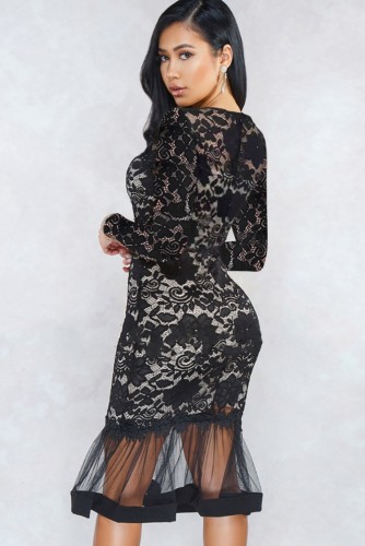 Black Lace Long Sleeve Mermaid Dress