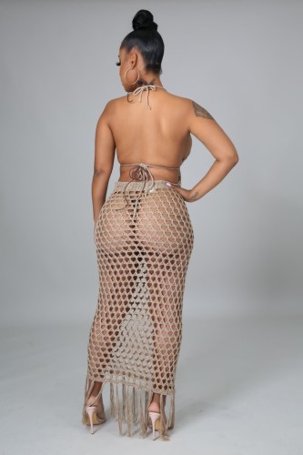 Khaki Fishnet Fringe Backless Crop Top and Long Skirt Two Piece Set