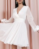 White V-Neck Long Sleeve Wide Dress