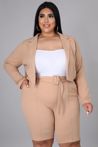 Plus Size Beige Long Sleeve Blazer and Shorts Office Suit with Belt