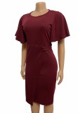 Professional Red Ruffle Sleeves Pencil Office Dress