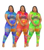 Plus Size Tie Dye Short Sleeve Ripped Crop Top and Pants Two Piece Set
