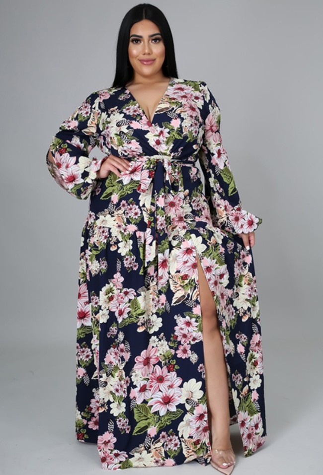 Plus Size Wrap Floral Slit V-Neck Maxi Dress