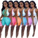 Blue Lace-Up Ripped Contrast Crop Top and Shorts Two Piece Set