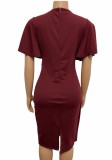 Professional Red Ruffle Sleeves Pencil Office Dress