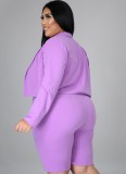 Plus Size Purple Long Sleeve Blazer and Shorts Office Suit with Belt