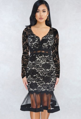 Black Lace Long Sleeve Mermaid Dress
