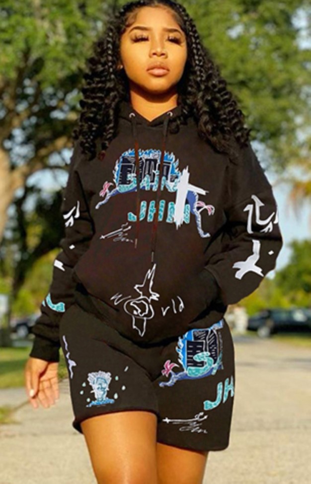 Print Hoody Shorts 2PC Set Sweat Suit