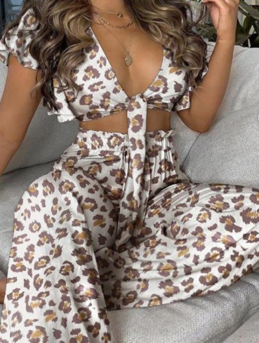 Print White Leopard Knotted Crop Top and Matching Pants 2PCS Set