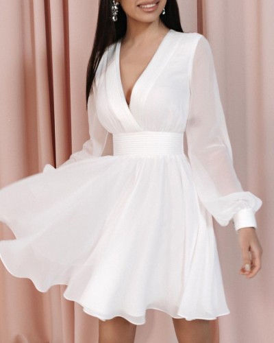 White V-Neck Long Sleeve Wide Dress