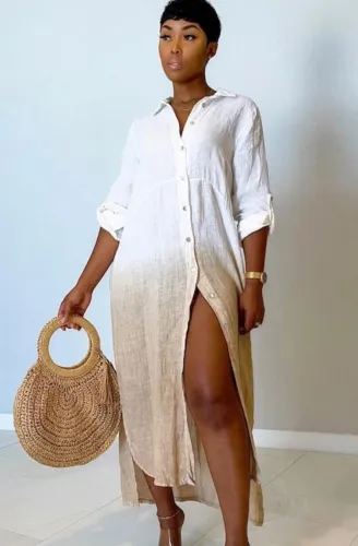 Elegant Gradient Long Sleeve Slit Long Blouse Dress