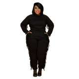 Plus Size Gray Fringe Trim Casual Hooded Sweatsuits