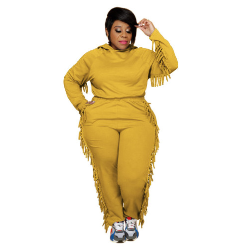 Plus Size Yellow Fringe Trim Casual Hooded Sweatsuits