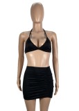 Black Halter Bra and Ruched Shorts Two Pieces