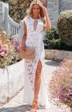 White Lace Cut Out Sleeveless Slit Maxi Dress