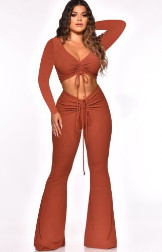 Sexy Plain Color Scrunch Crop Top and Pants Two Pieces