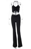 Black Scrunch Halter Crop Top and Bell Trousers Two Pieces