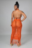 Orange Fishnet Fringe Backless Crop Top and Long Skirt Two Piece Set